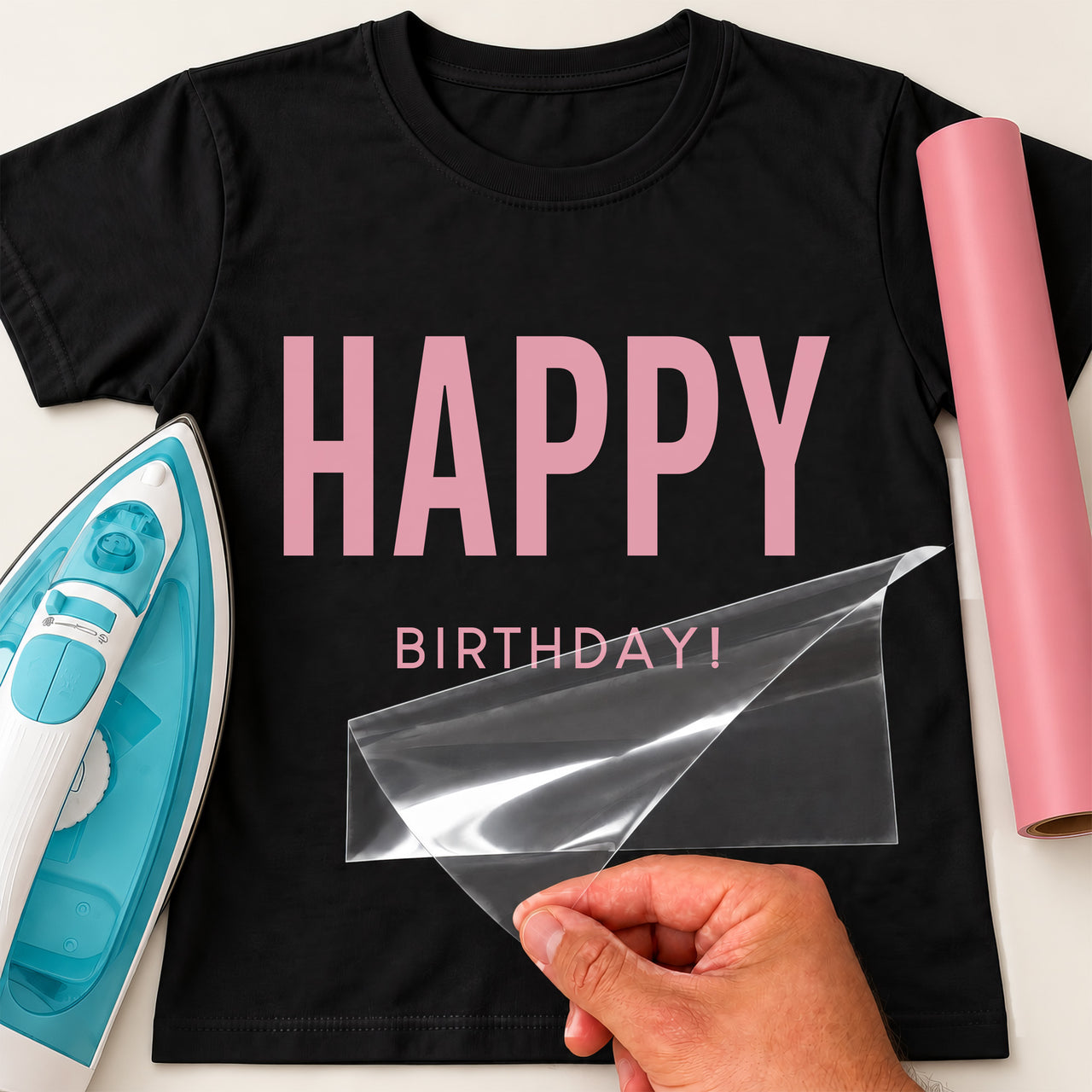 Pink heat transfer vinyl on a black T-shirt mockup, large 'HAPPY' over small 'BIRTHDAY!', iron and pink vinyl roll
