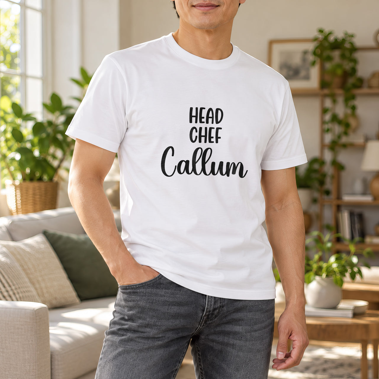 Head Chef Iron-On Transfer - Personalised Name Design, shown on a white t-shirt