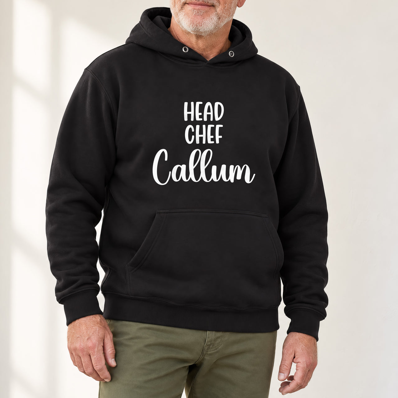 Head Chef Iron-On Transfer - Personalised Name Design, shown on a black hoodie