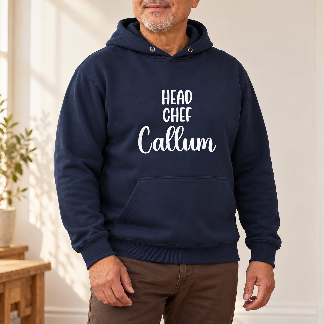Head Chef Iron-On Transfer - Personalised Name Design, shown on a navy hoodie