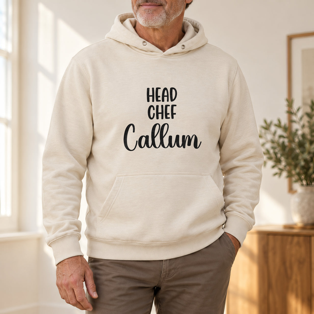 Head Chef Iron-On Transfer - Personalised Name Design, shown on a natural hoodie