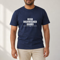 Head Dishwasher Iron-On Transfer - Personalised Name Design, shown on a navy t-shirt