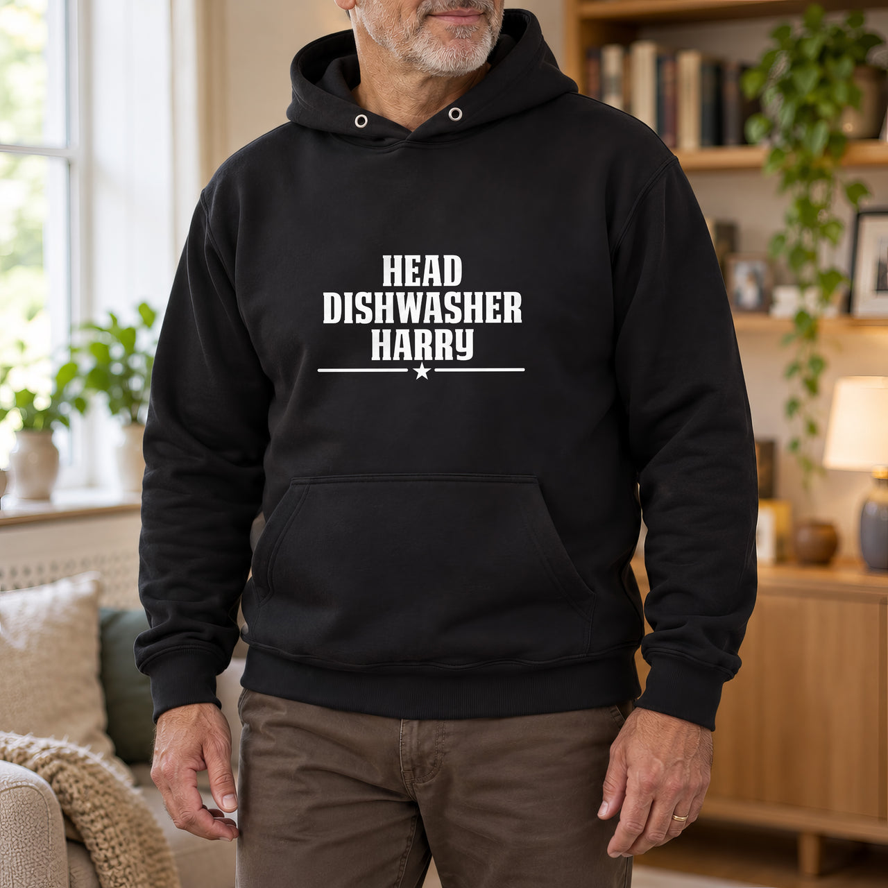 Head Dishwasher Iron-On Transfer - Personalised Name Design, shown on a black hoodie