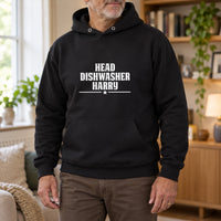 Head Dishwasher Iron-On Transfer - Personalised Name Design, shown on a black hoodie