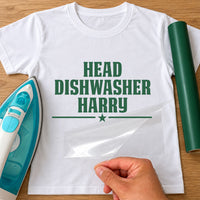 Head Dishwasher name iron-on transfer: green HEAD DISHWASHER HARRY with a star on a white T-shirt, film being peeled