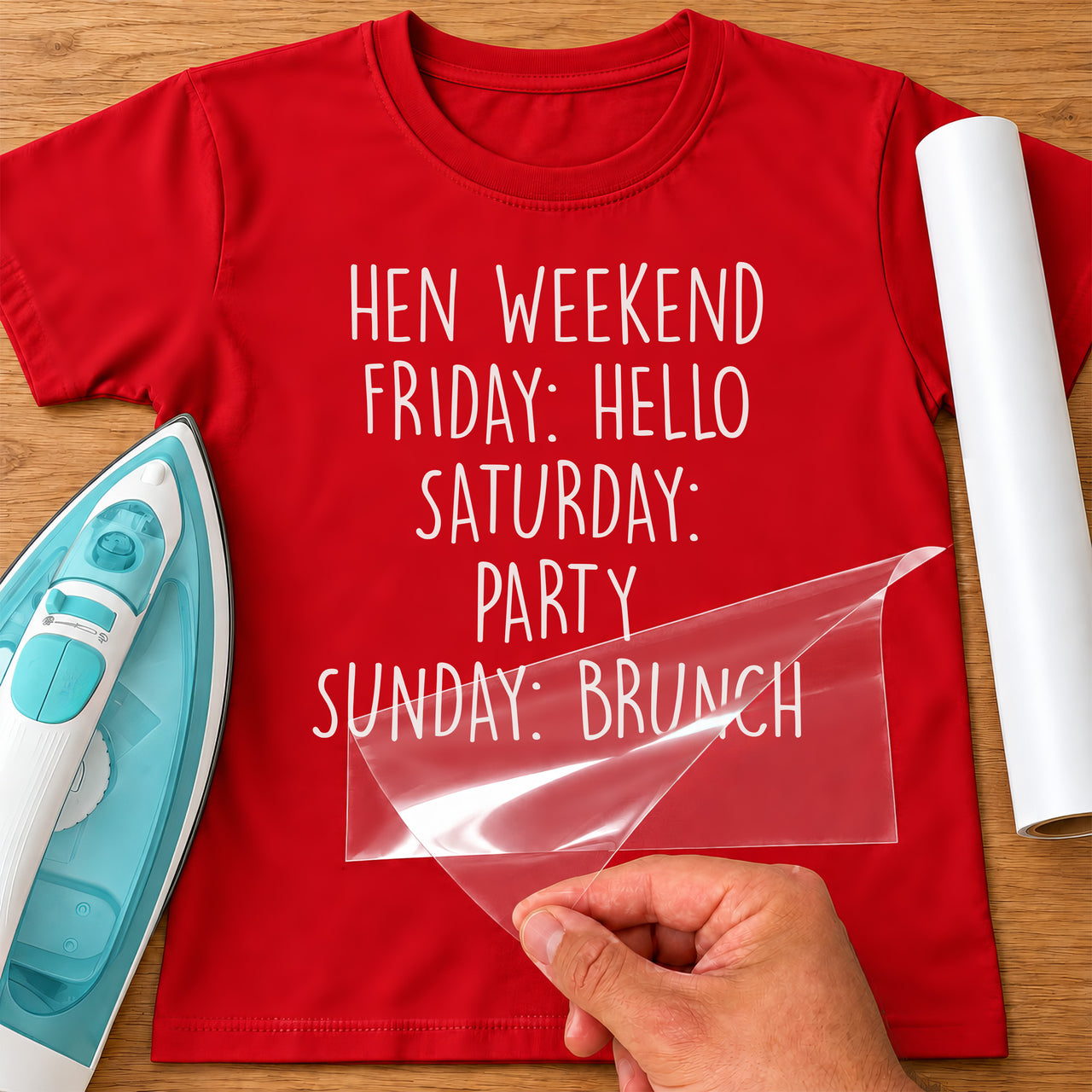 Hen Do Itinerary iron-on transfer: white hen weekend Friday to Sunday plan on a red T-shirt, film being peeled