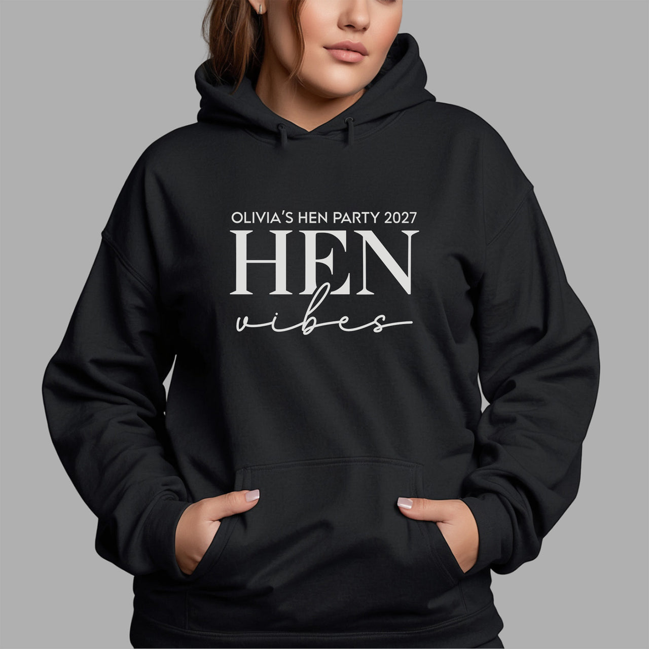 Hen Party Hen Vibes Iron-On Transfer - Personalised Design shown on a hoodie