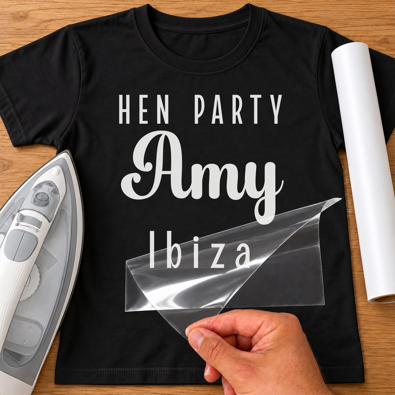 Black T-shirt with white 'HEN PARTY', script 'Amy' and 'Ibiza' iron-on transfer, iron and vinyl roll