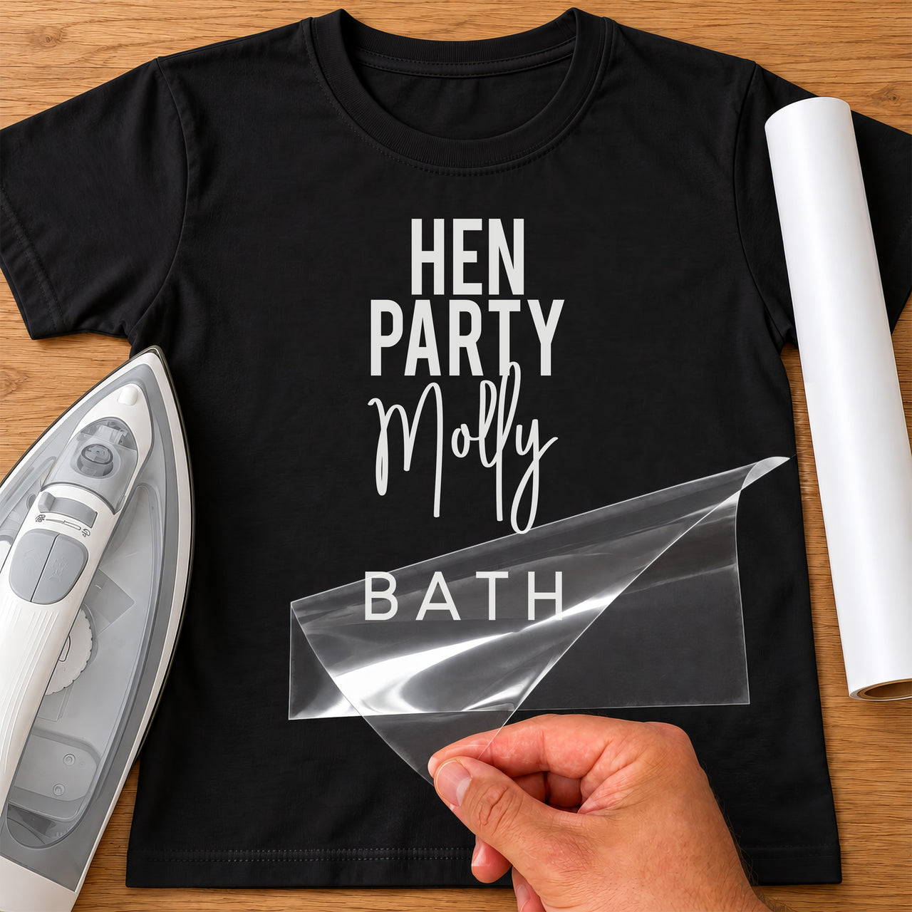 Black T-shirt with white 'HEN PARTY', script 'Molly' and 'BATH' lettering - personalised iron-on vinyl transfer