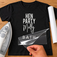 Black T-shirt with white 'HEN PARTY', script 'Molly' and 'BATH' lettering - personalised iron-on vinyl transfer