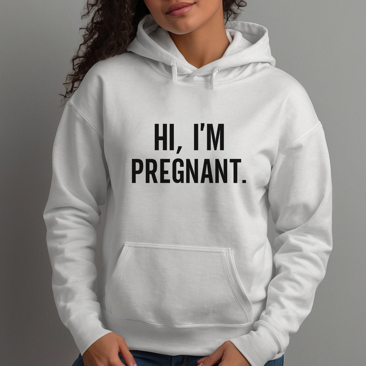 Hi I'm Pregnant Iron-On Transfer - Funny Pregnancy Announcement Design shown on a hoodie