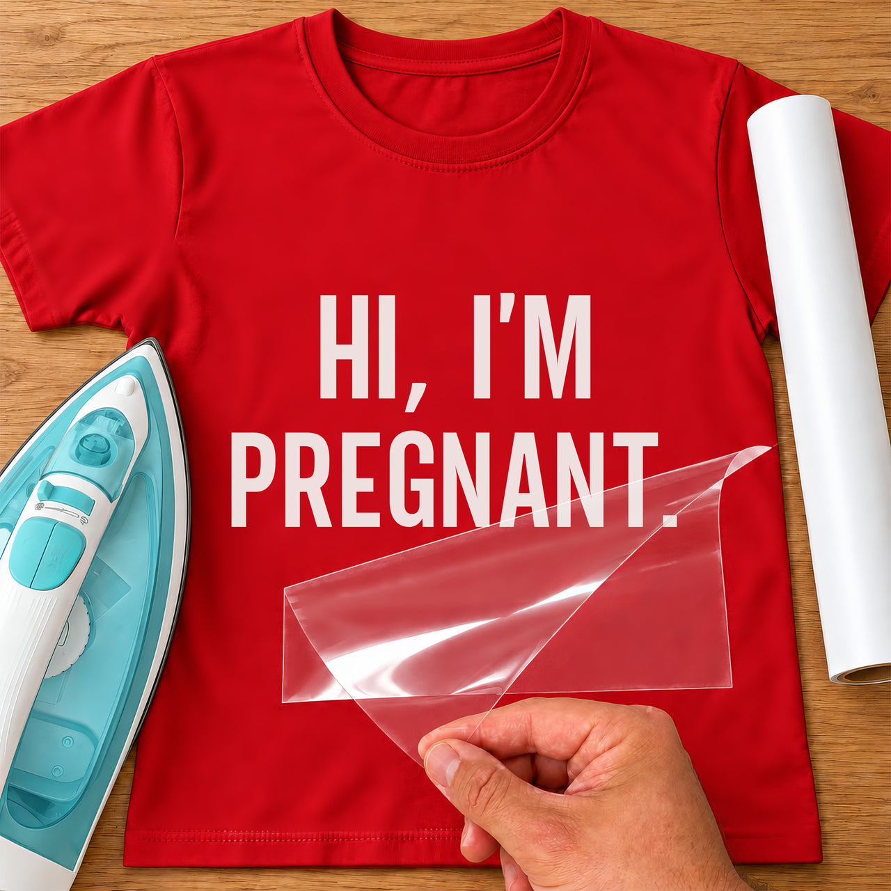 Red T-shirt with white 'HI, I'M PREGNANT.' iron-on transfer in tall capitals, iron and white vinyl roll