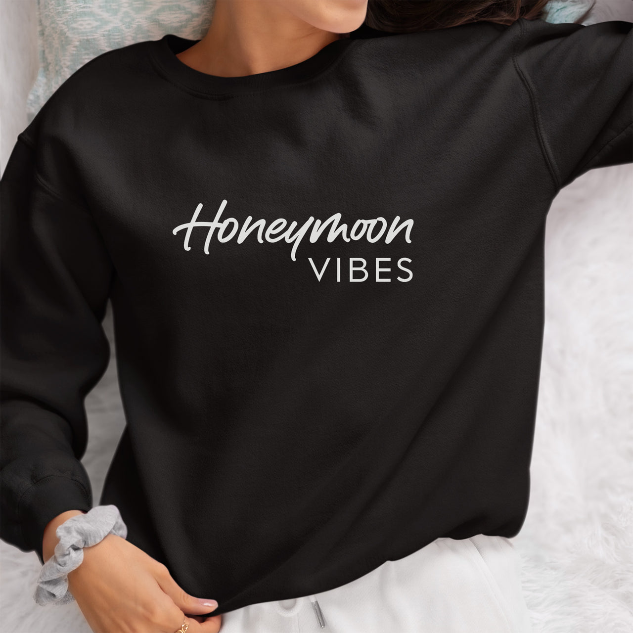 Honeymoon Vibes Iron-On Transfer - Newlywed Script Design shown on a sweatshirt