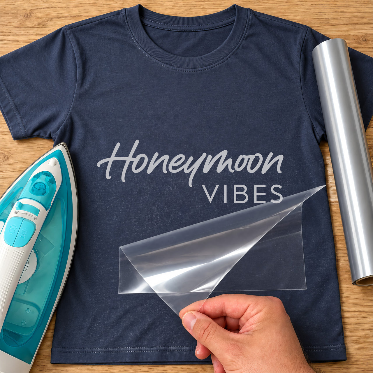 Navy T-shirt with silver script 'Honeymoon' and 'VIBES' lettering, carrier film being peeled off - iron-on vinyl transfer