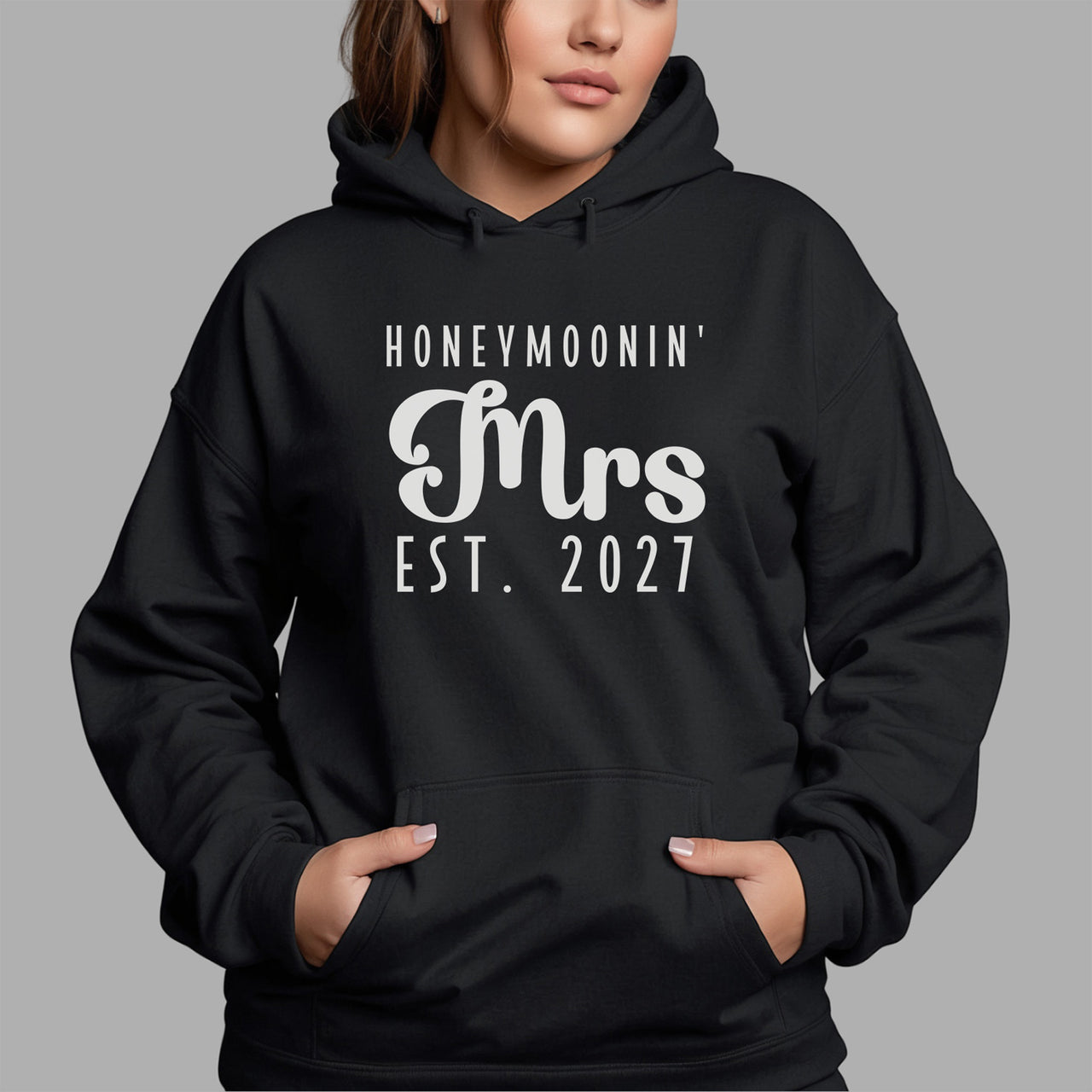 Honeymoonin' Mrs Est. Year Iron-On Transfer shown on a hoodie