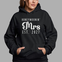 Honeymoonin' Mrs Est. Year Iron-On Transfer shown on a hoodie