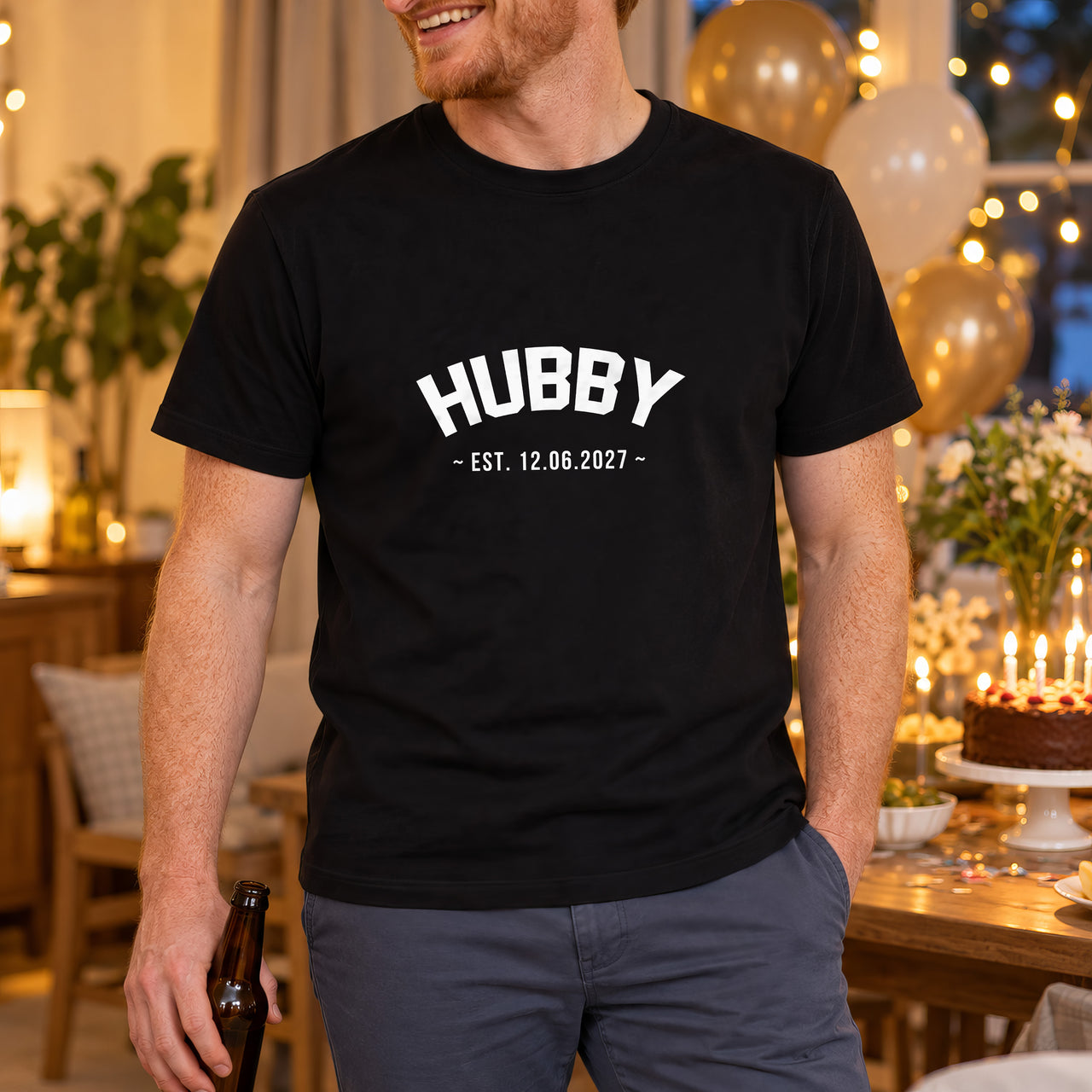 Hubby Established Date Iron-On Transfer, shown on a black t-shirt