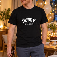 Hubby Established Date Iron-On Transfer, shown on a black t-shirt