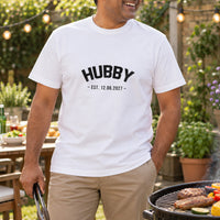 Hubby Established Date Iron-On Transfer, shown on a white t-shirt