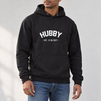Hubby Established Date Iron-On Transfer, shown on a black hoodie