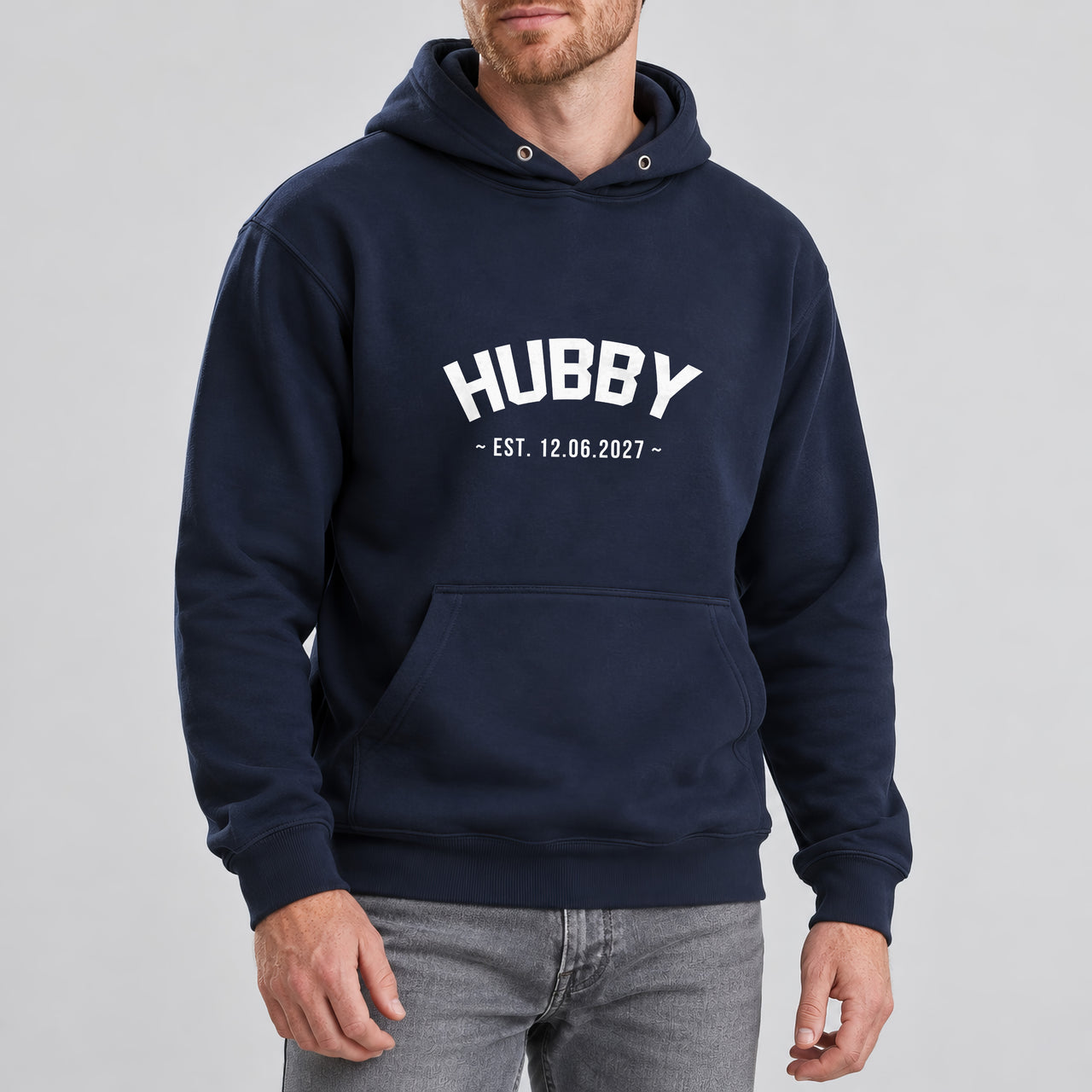 Hubby Established Date Iron-On Transfer, shown on a navy hoodie