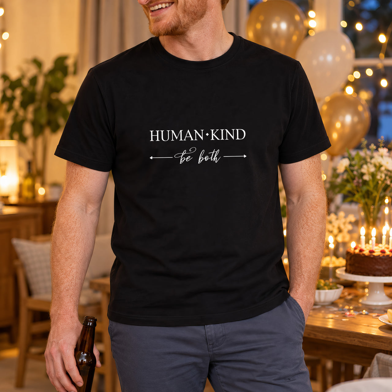 Human Kind Be Both Iron-On Transfer - Motivational Slogan Design, shown on a black t-shirt