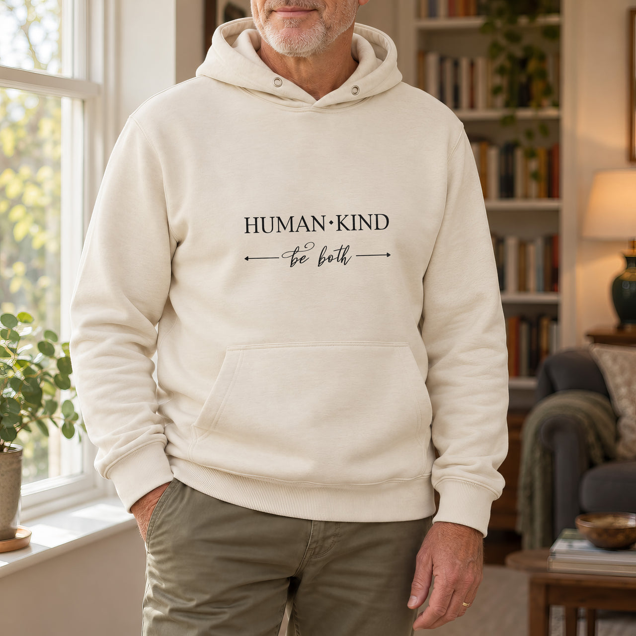Human Kind Be Both Iron-On Transfer - Motivational Slogan Design, shown on a natural hoodie