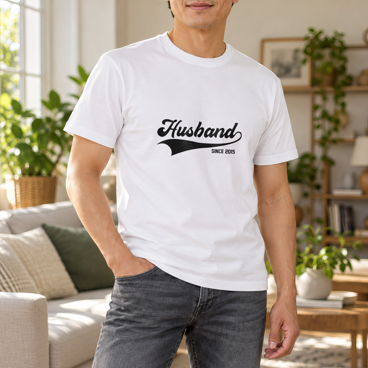Husband Since Iron-On Transfer - Personalised Anniversary Year Design, shown on a white t-shirt