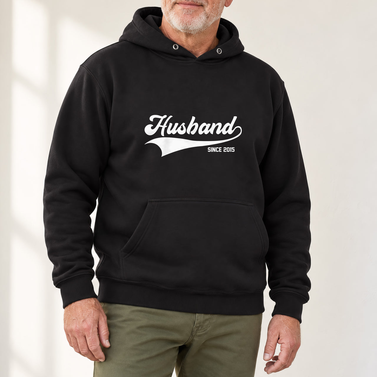 Husband Since Iron-On Transfer - Personalised Anniversary Year Design, shown on a black hoodie