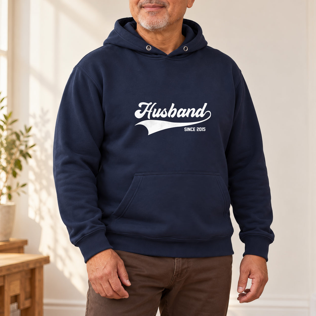 Husband Since Iron-On Transfer - Personalised Anniversary Year Design, shown on a navy hoodie
