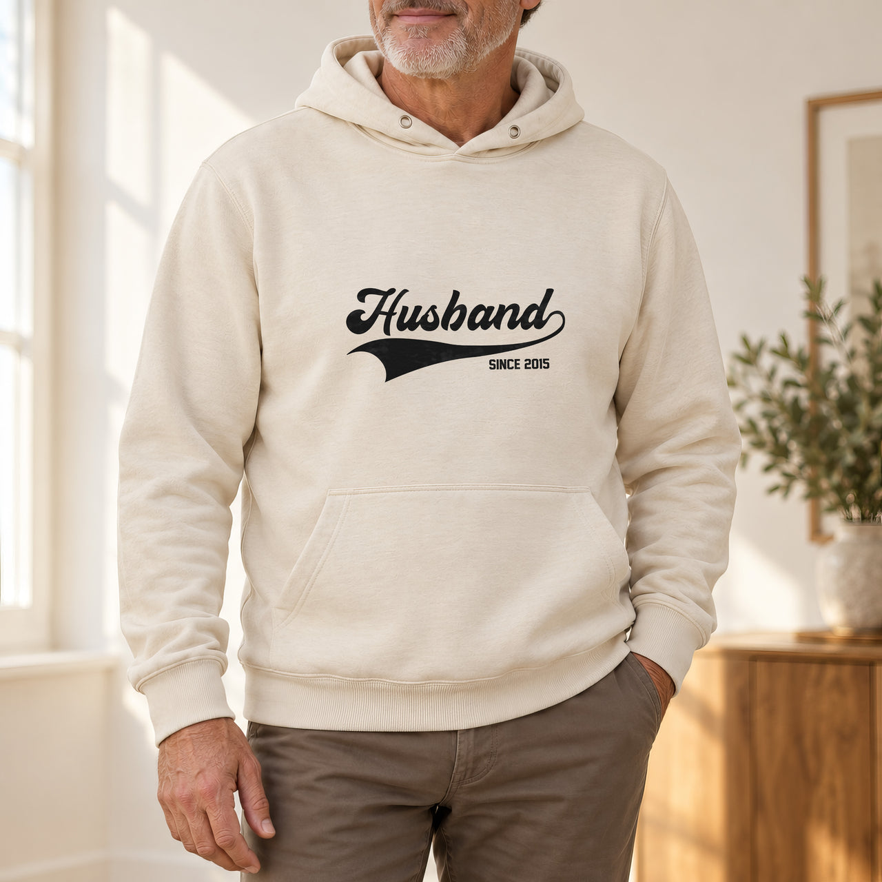 Husband Since Iron-On Transfer - Personalised Anniversary Year Design, shown on a natural hoodie