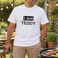 I Am Name Iron-On Transfer, shown on a white t-shirt