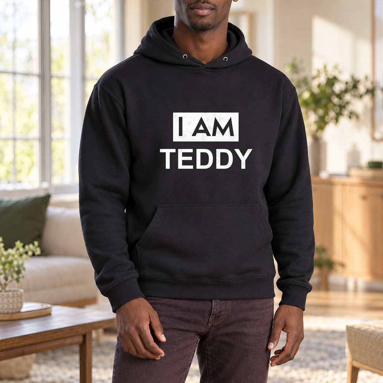 I Am Name Iron-On Transfer, shown on a black hoodie