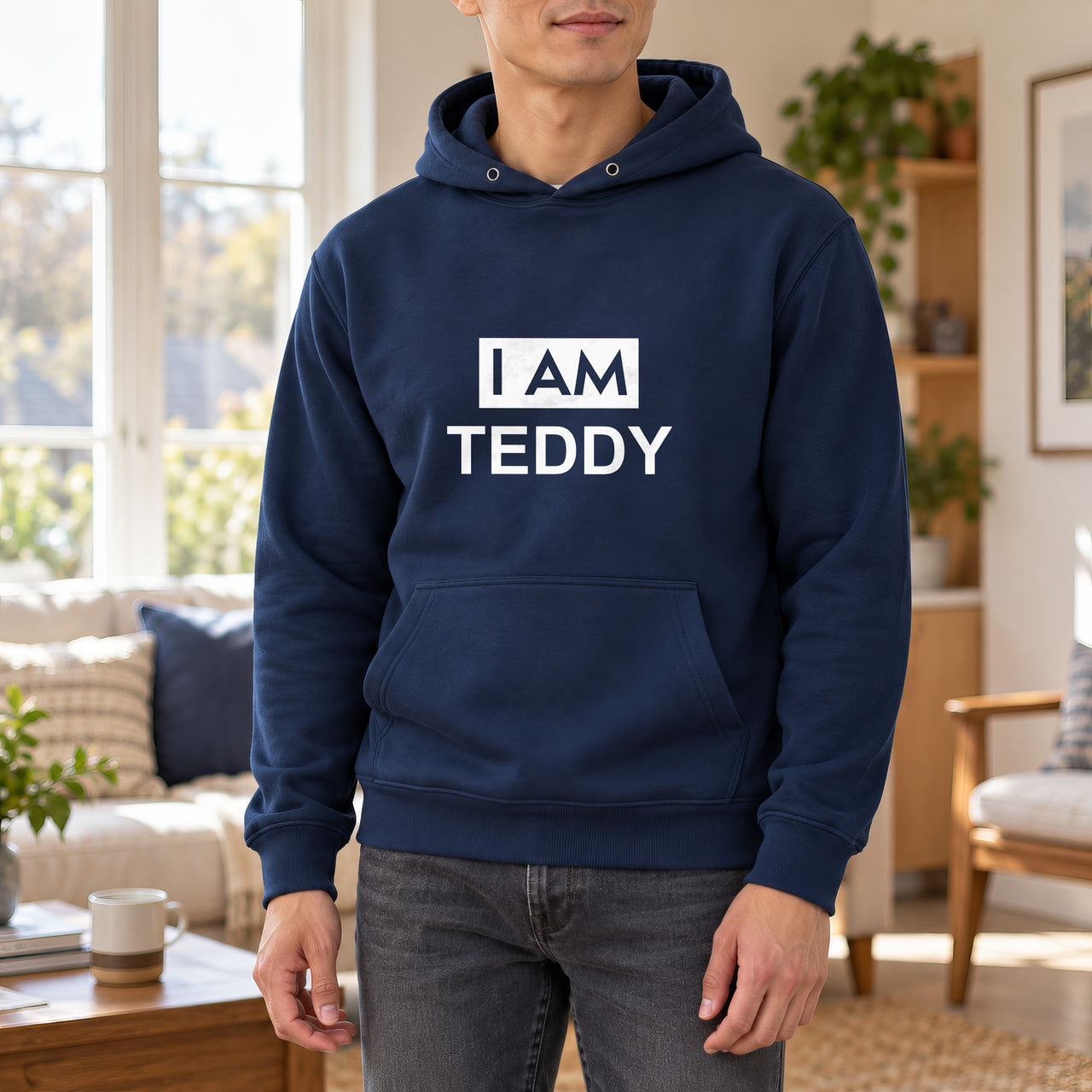 I Am Name Iron-On Transfer, shown on a navy hoodie