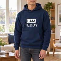 I Am Name Iron-On Transfer, shown on a navy hoodie