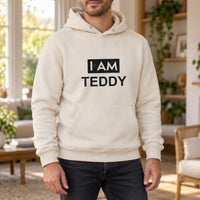 I Am Name Iron-On Transfer, shown on a natural hoodie