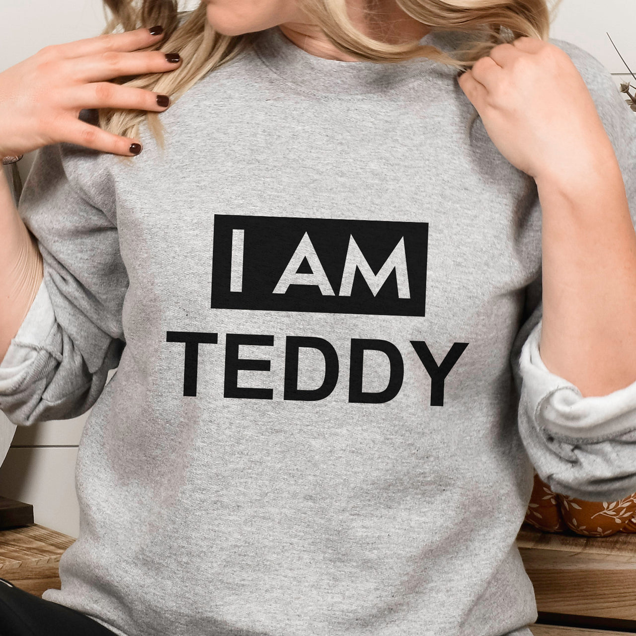 I Am Name Iron-On Transfer shown on a sweatshirt