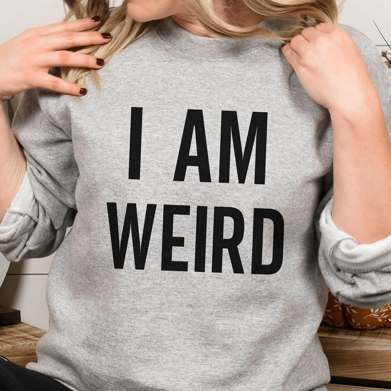 I Am Weird Iron-On Transfer - Quirky Heart Slogan Design shown on a sweatshirt