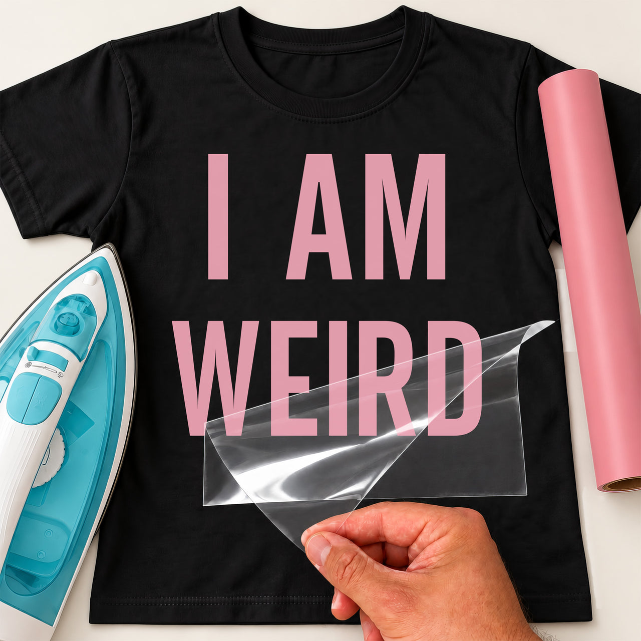 I Am Weird iron-on transfer: pink I AM WEIRD on a black T-shirt, film being peeled