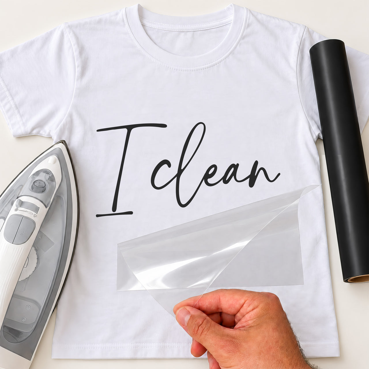 I Clean iron-on transfer: black I clean script on a white T-shirt, film being peeled