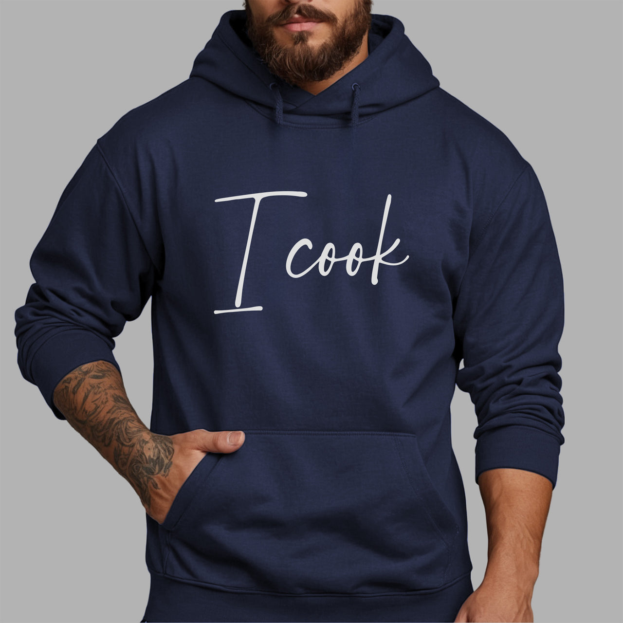I Cook Iron-On Transfer shown on a hoodie