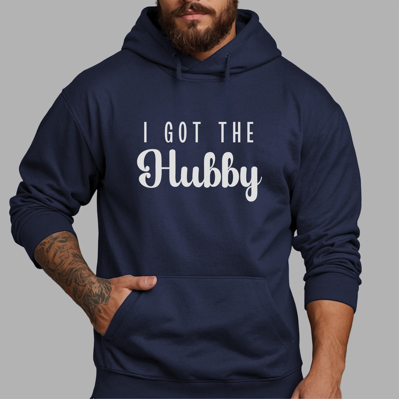 I Got The Hubby Iron-On Transfer - Funny Wedding Slogan Design shown on a hoodie