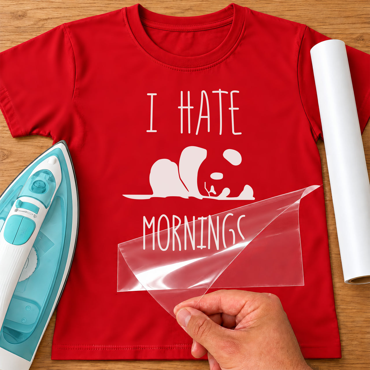 Red T-shirt with white vinyl 'I HATE MORNINGS' and a sleepy panda lying down, iron-on vinyl transfer