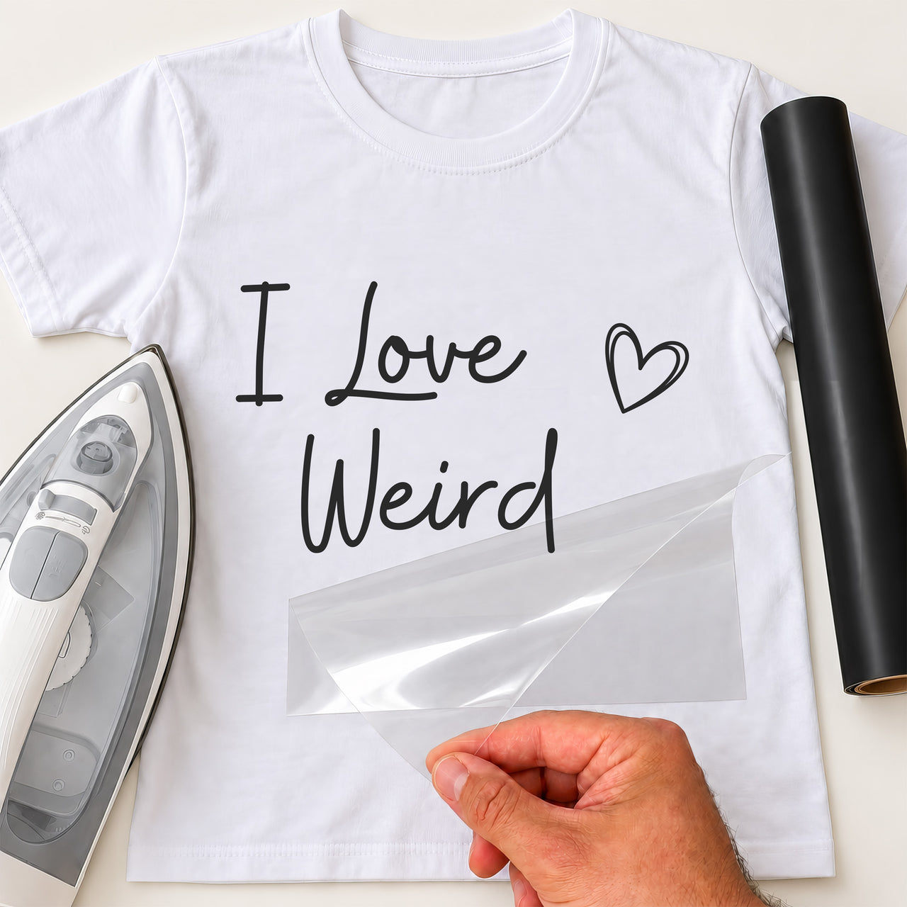 I Love Weird iron-on transfer: black script I Love Weird with a heart on a white T-shirt, film being peeled
