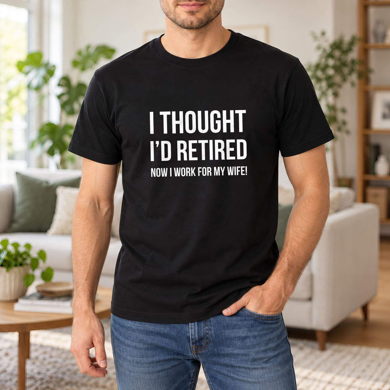 Black T-shirt with the I Thought I'd Retired design printed on the chest