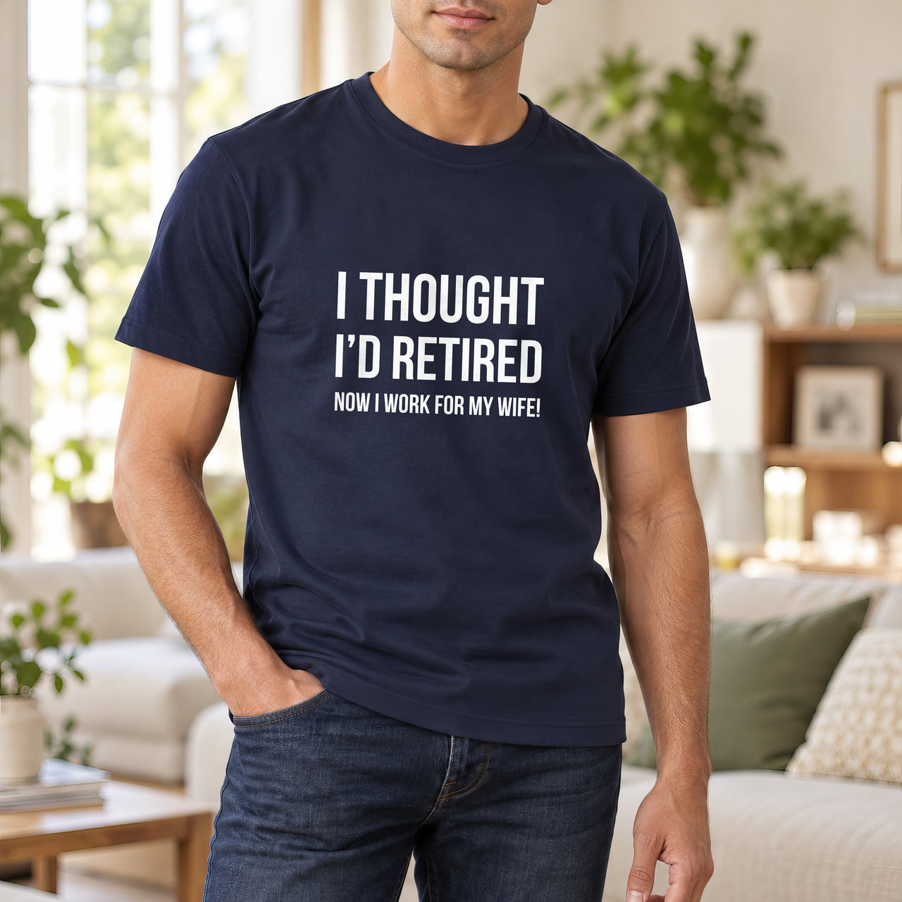 Navy T-shirt with the I Thought I'd Retired design printed on the chest