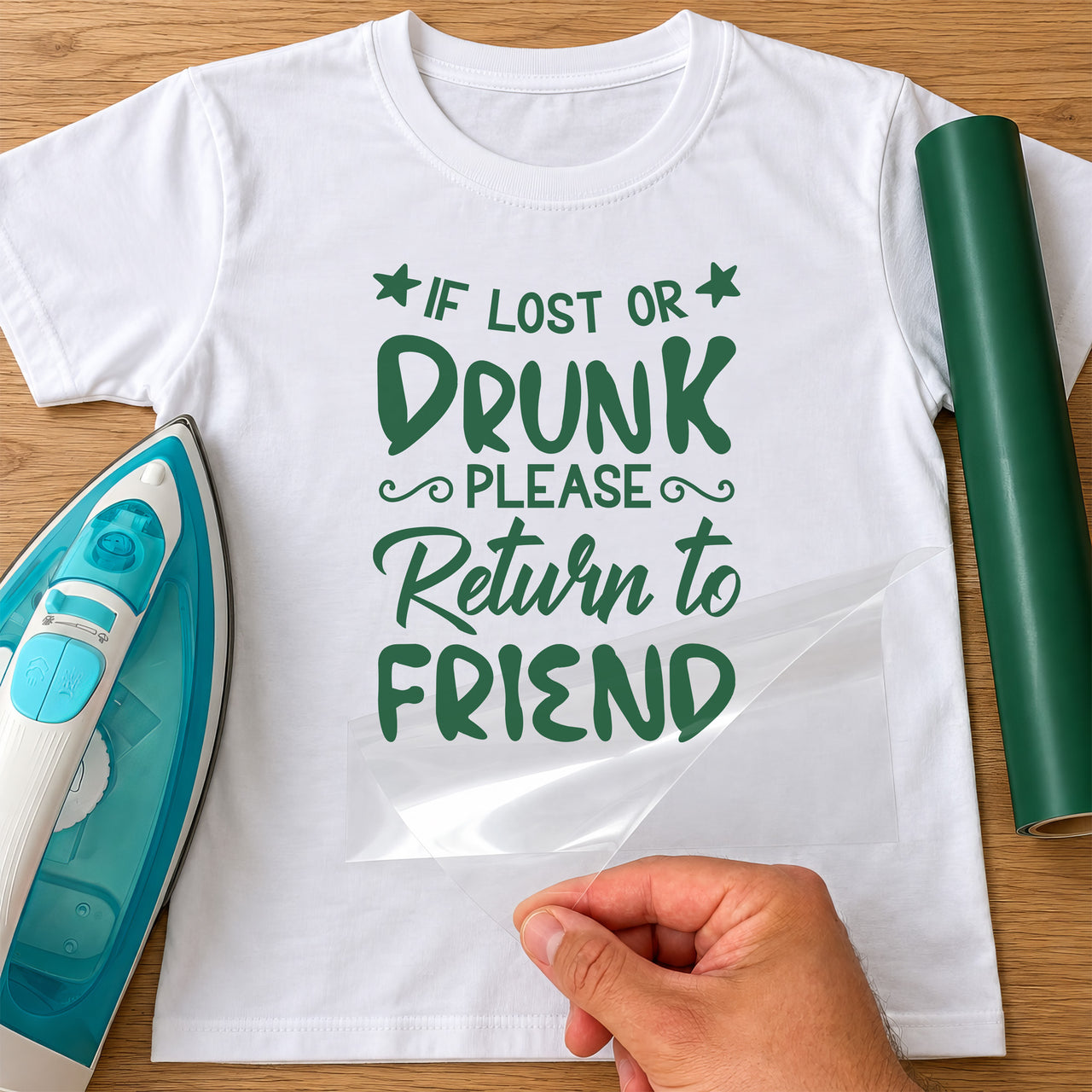 Mockup: white T-shirt with green vinyl 'If lost or drunk please return to friend' with stars, iron and carrier sheet