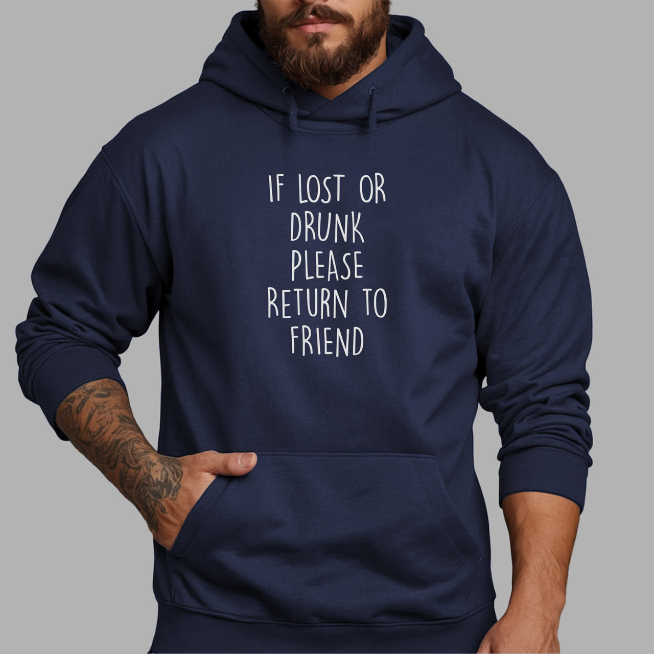 If Lost Or Drunk Return To Friend Iron-On Transfer shown on a hoodie