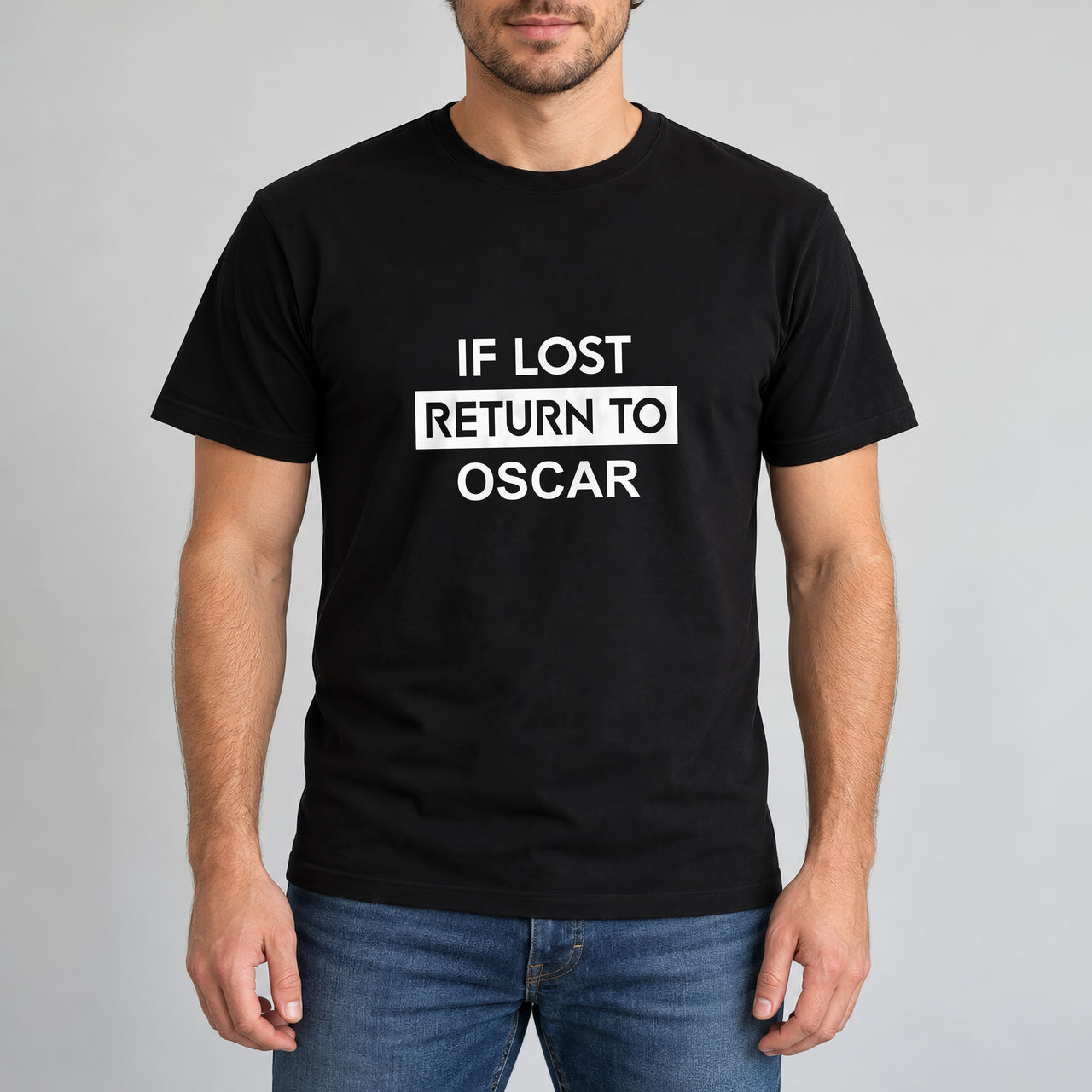 If Lost Return To Name Iron-On Transfer, shown on a black t-shirt