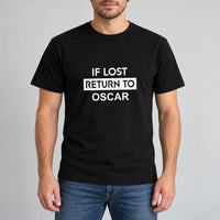 If Lost Return To Name Iron-On Transfer, shown on a black t-shirt